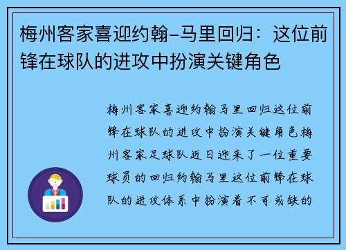 梅州客家喜迎约翰-马里回归：这位前锋在球队的进攻中扮演关键角色