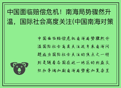 中国面临赔偿危机！南海局势骤然升温，国际社会高度关注(中国南海对策)